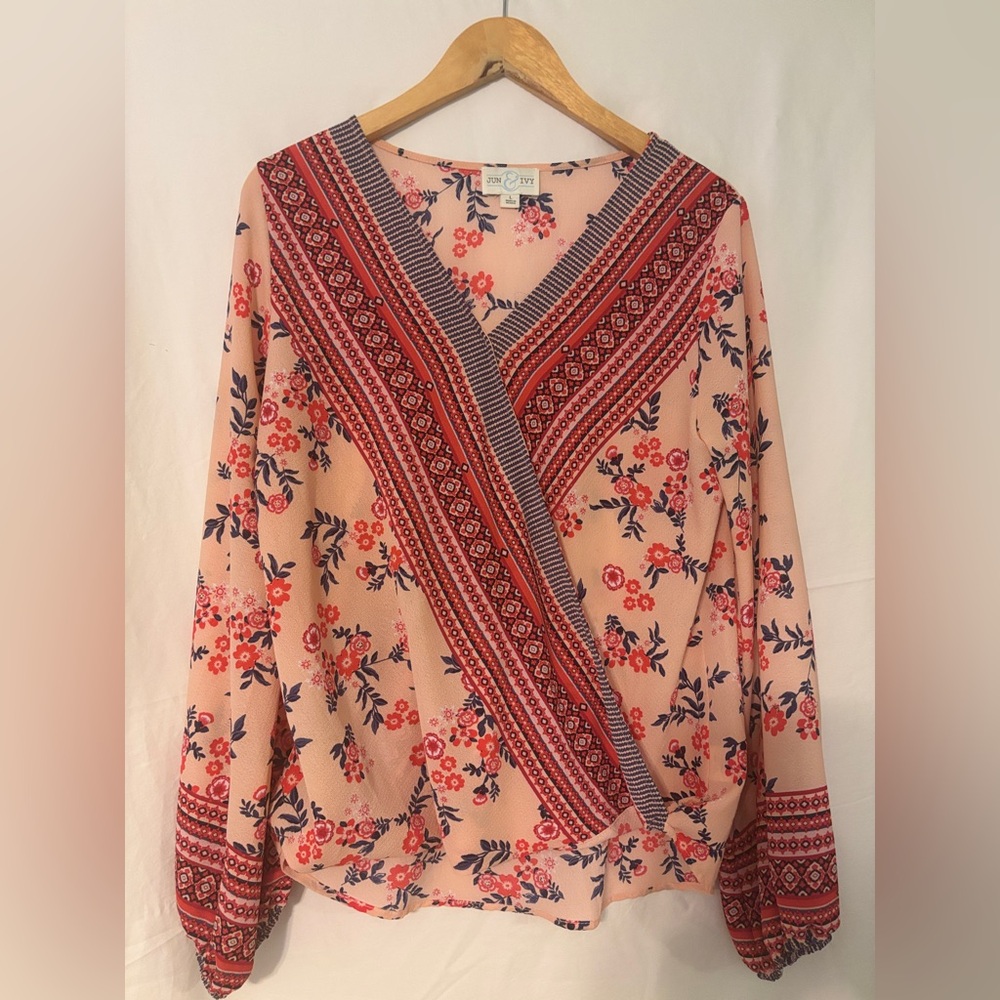 Cato Floral Wrap Blouse - Pink and Red